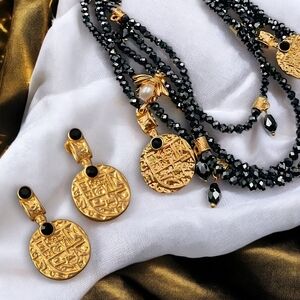 🆕️24K Gold Plated Crystal Beaded Coin Pendant Versatile Necklace Earrings Set